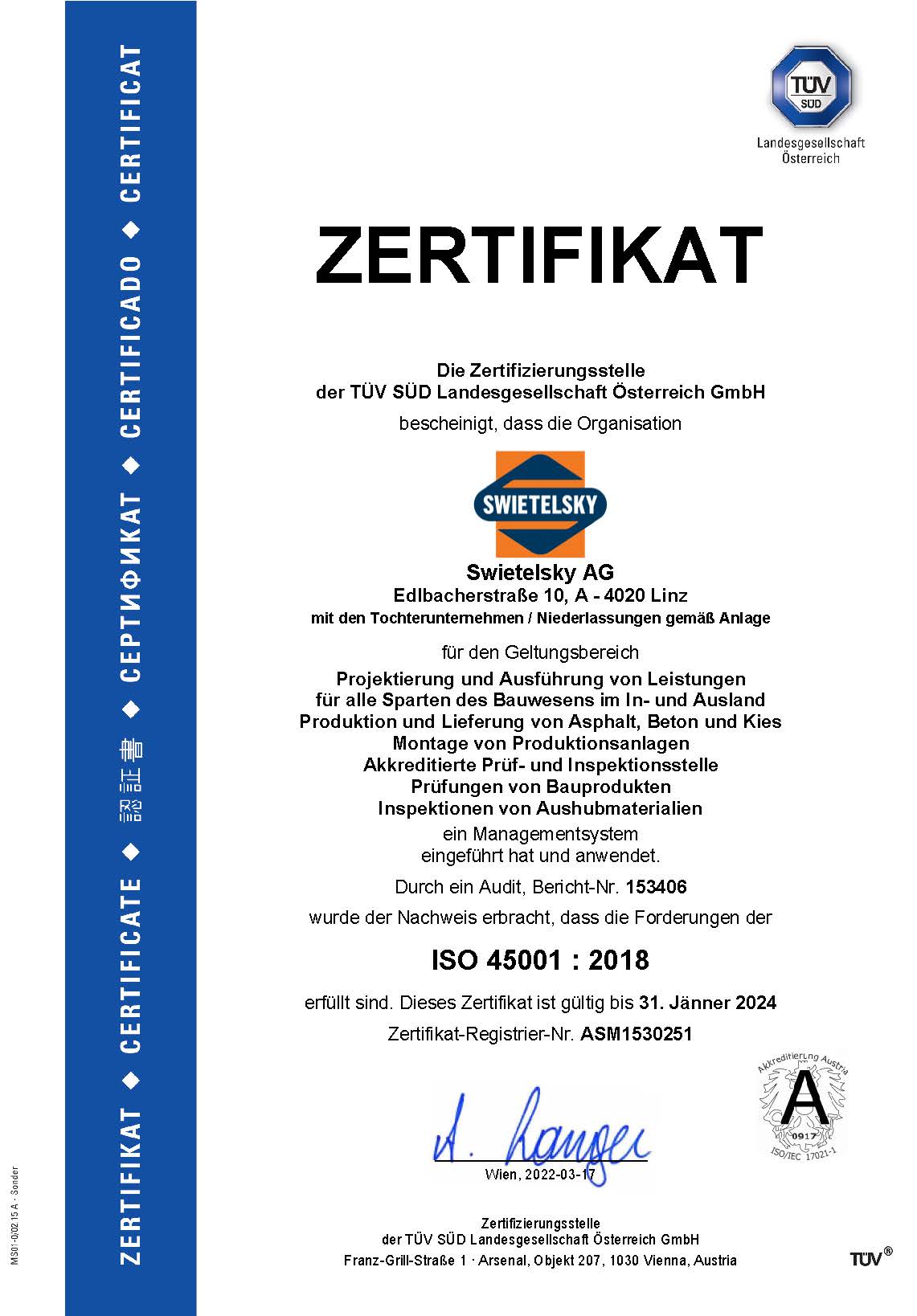 Seiten Aus Zertifikat A4 45001 Haupt+Anlagen Swietelsky D